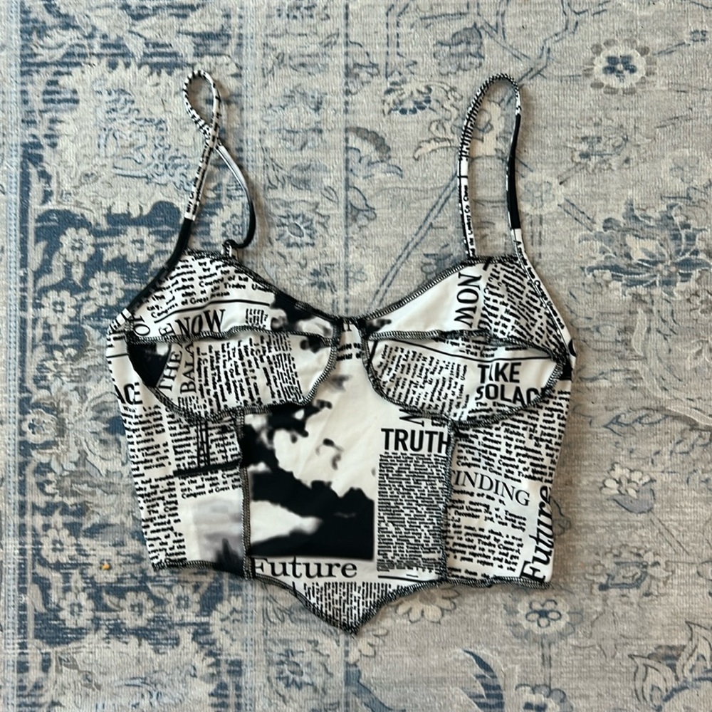 black and white news paper crop top! size: small! never worn